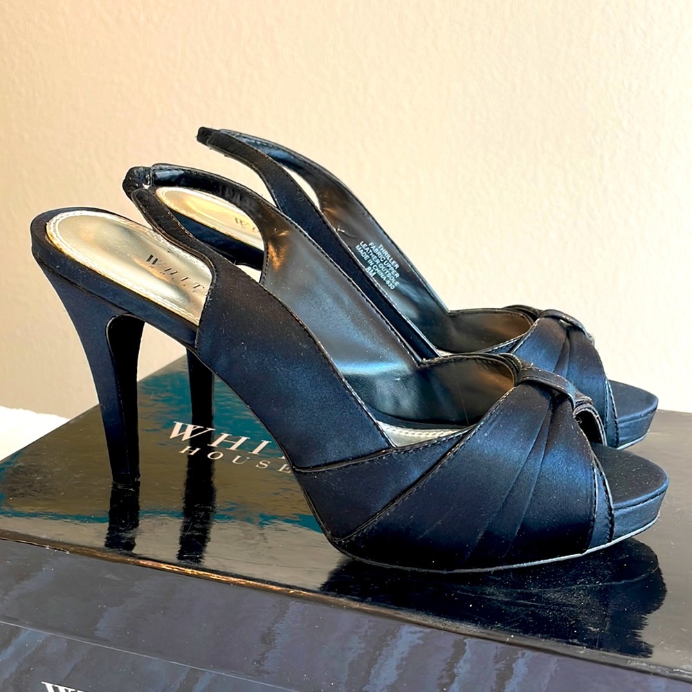 White House Black Market Black Satin Heels, Thriller, size 8